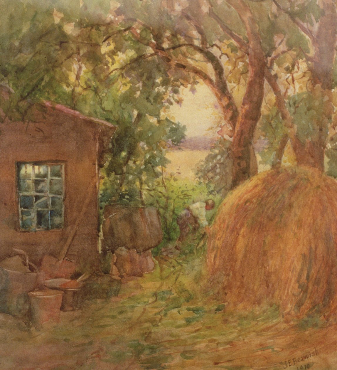 Hjørne av en rickyard, 1910 (wc) av Janie E. Beamish