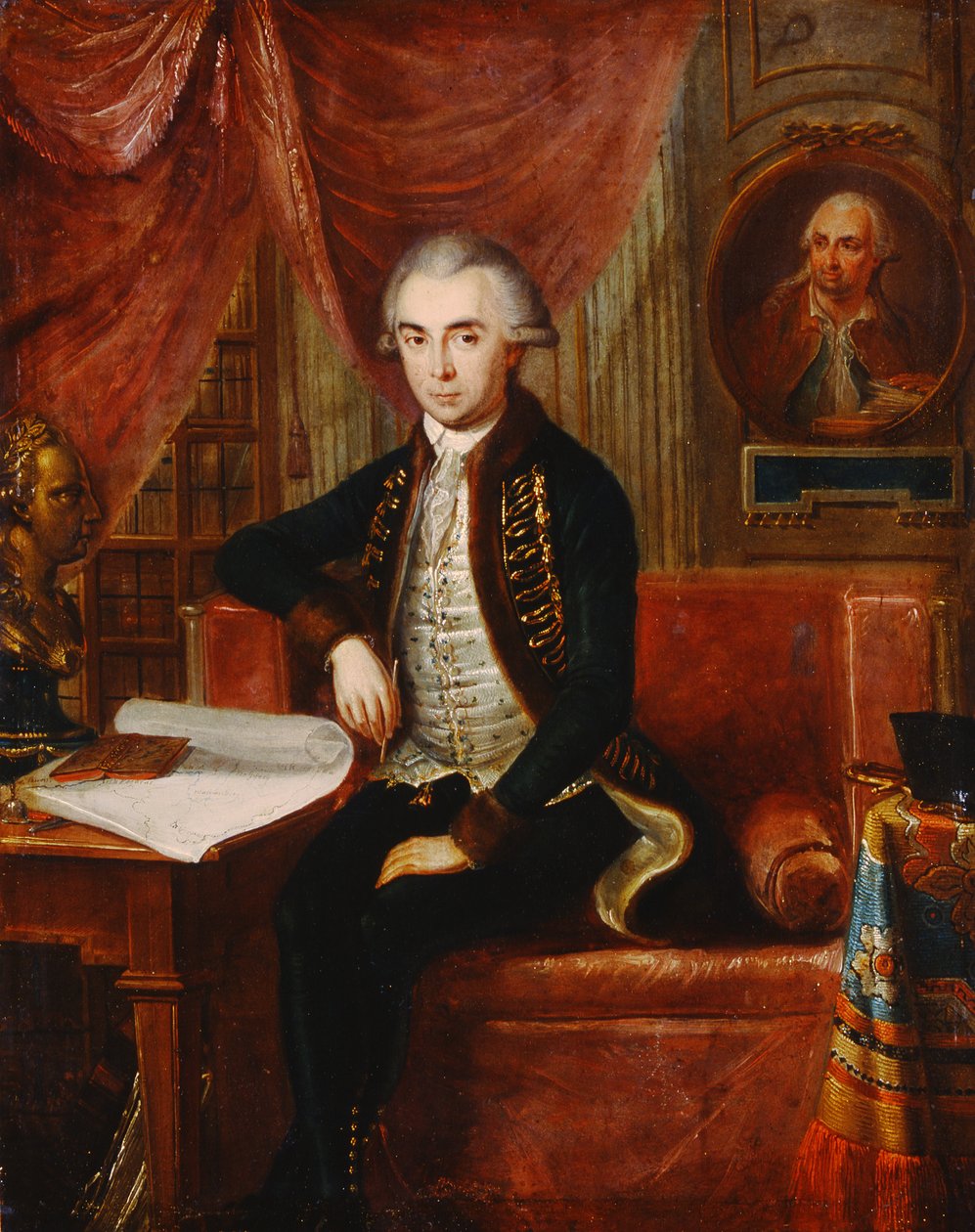 Portrett av Samuel Teleki med et ovalt portrett av Samuel Bruchental i bakgrunnen av Janos Marton Stock