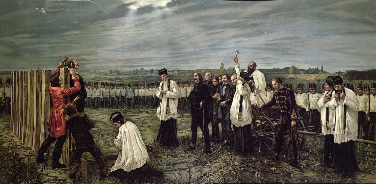 Henrettelse av ungarske offiserer av østerrikerne i Arad, Ungarn 6. oktober 1849, 1893 (chromolitho) av Janos Thorma