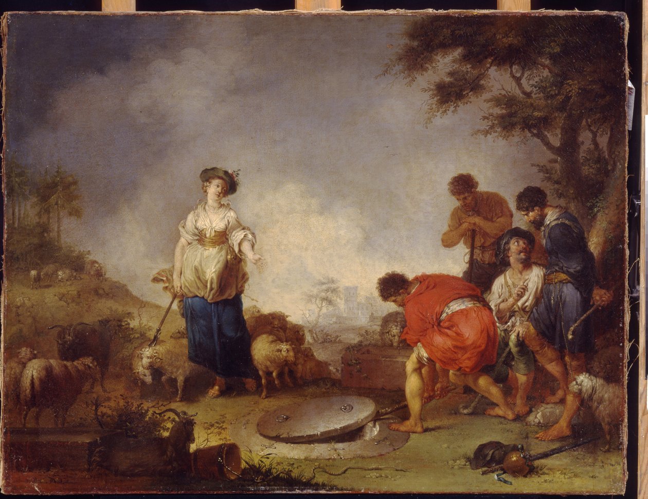Jacob møter Rachel ved brønnen. Maleri av Johann Rosso Jauarius Zick (1730-1797), olje på lerret av Januarius Zick