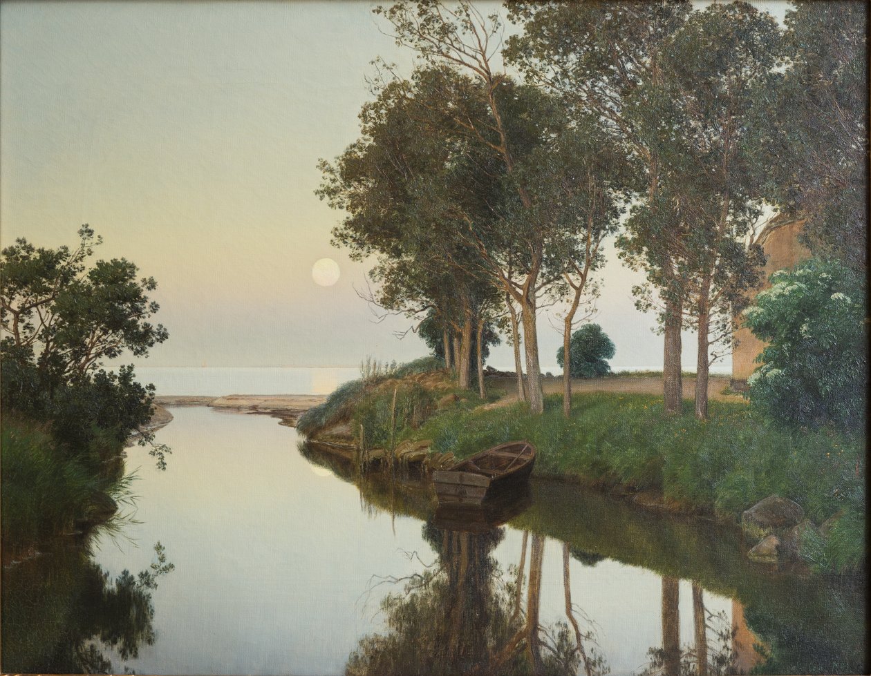 Stille sommerkveld ved elvemunningen i havet av Janus La Cour