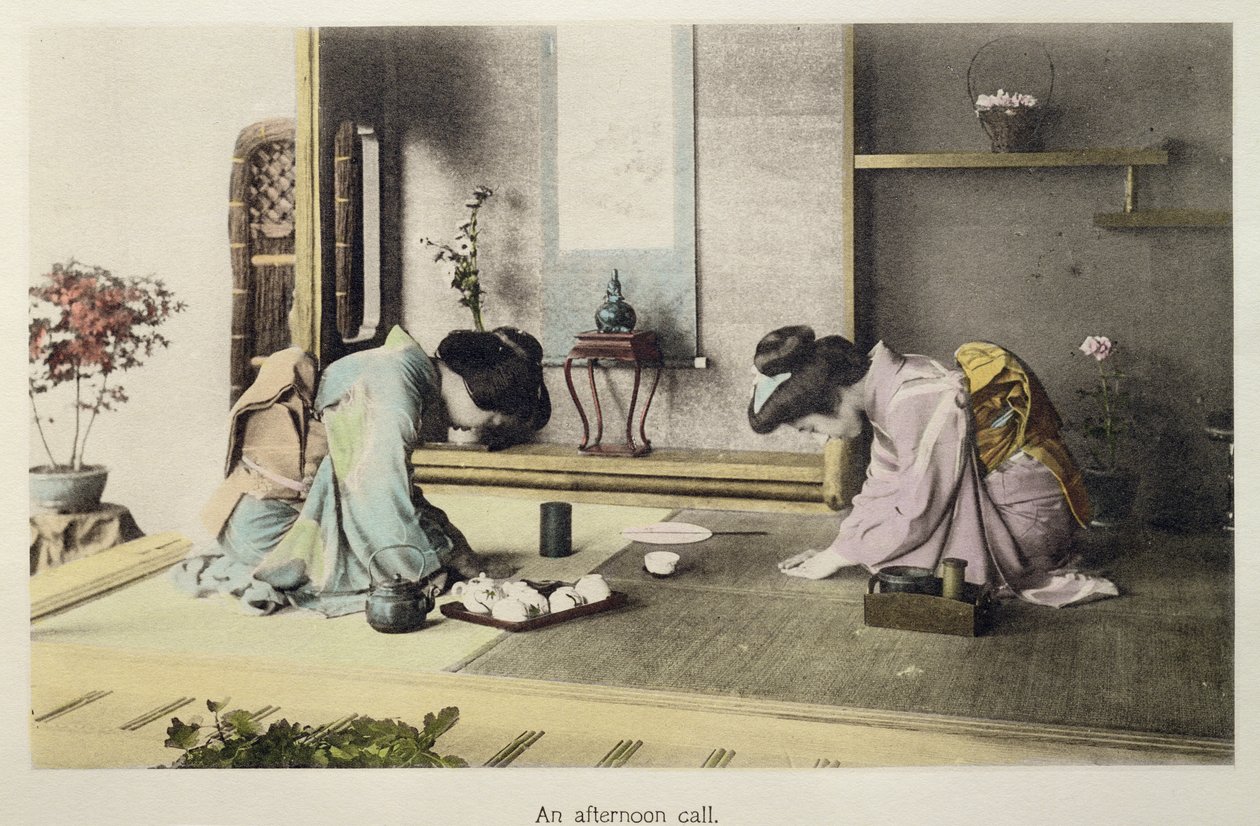 An Afternoon Call, ca. 1880 (håndfarget albumintrykk på kort) av Japanese Photographer