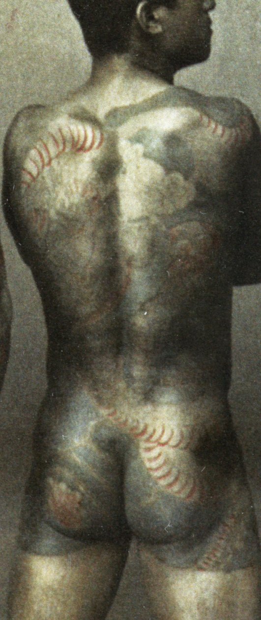 Mann med tradisjonell japansk Irezumi-tatovering, ca. 1880 (håndfarget albumbilde) (detalj av 398092) av Japanese Photographer