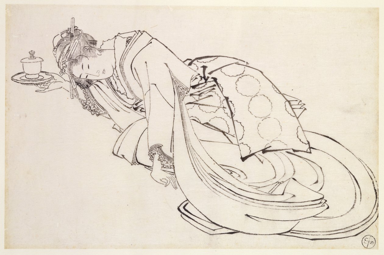 En kurtisane som tilbyr en kopp, 1700-1800-tallet av Japanese School