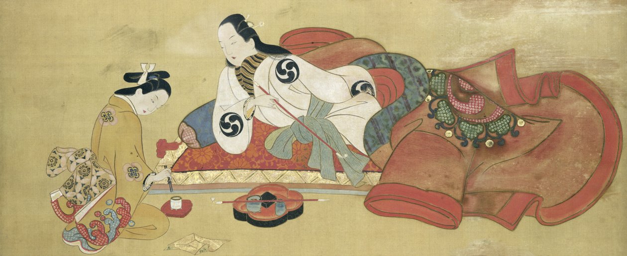En mann som røyker og hans tjener (malt silke) av Japanese School