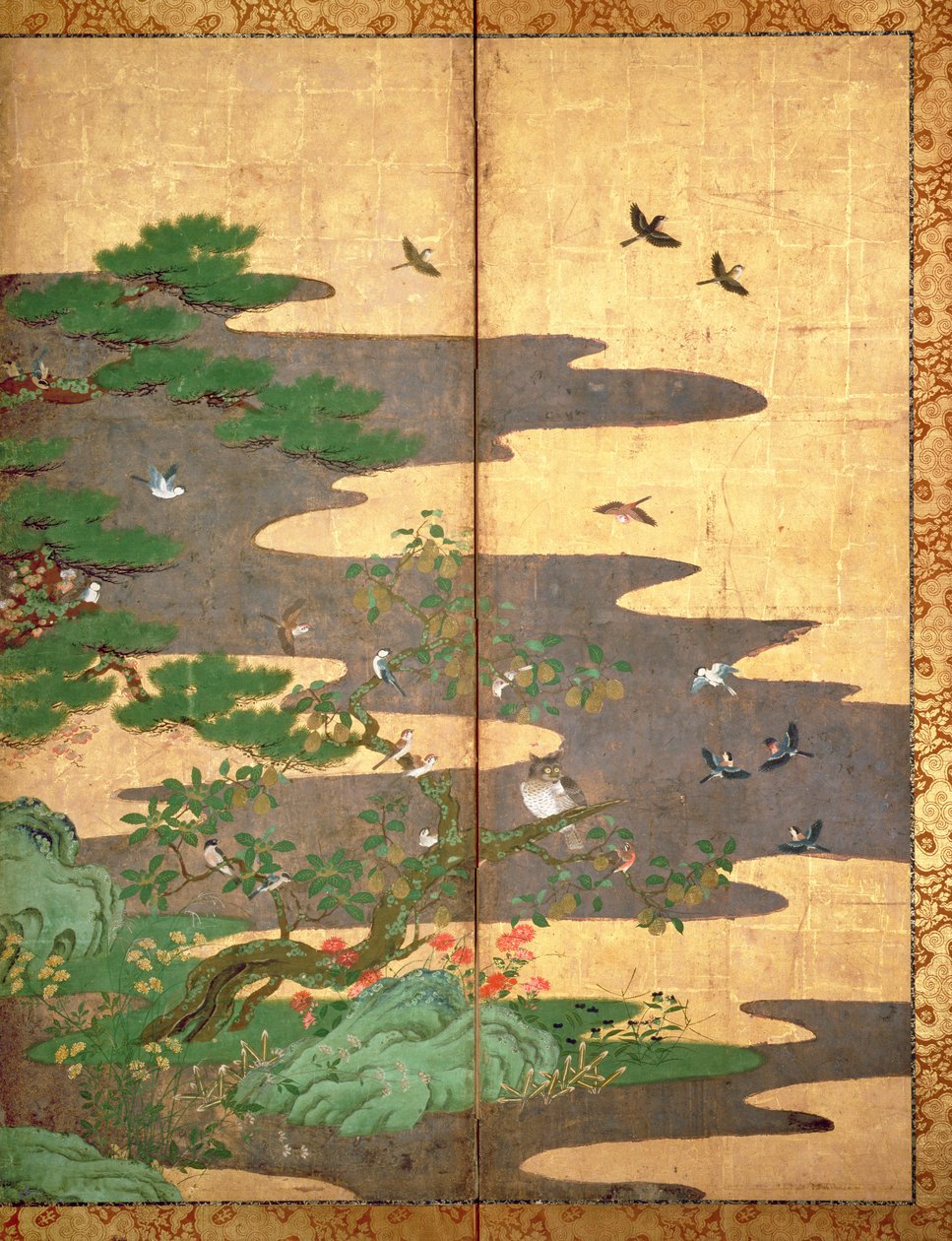 Fugler med høst- og vinterblomster (penn og blekk, farge og gullpapir på panel) (se 216542, 216543, 216544) av Japanese School