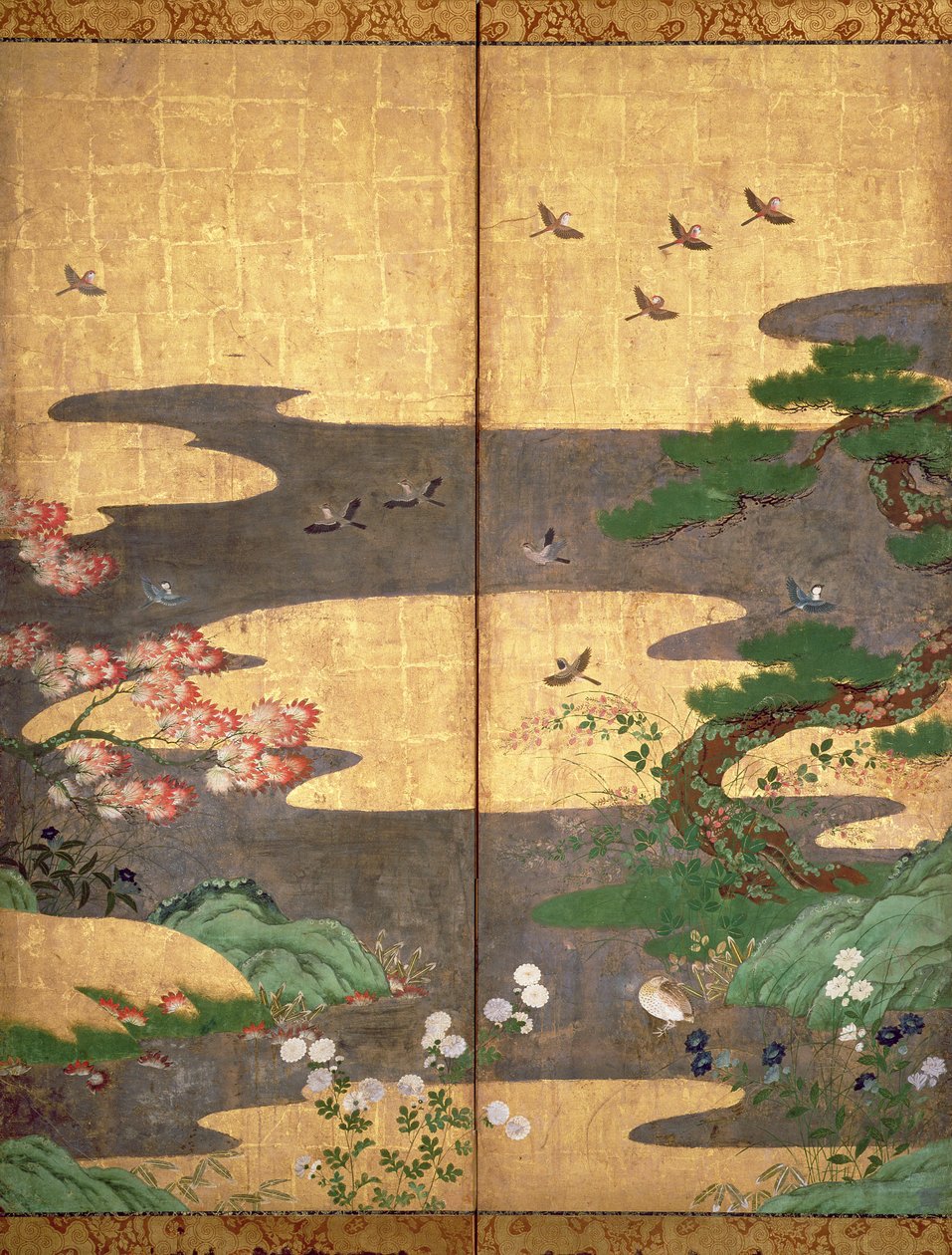 Fugler med høst- og vinterblomster (penn og blekk, farge og gullpapir på panel) (se 216542, 216543, 216545) av Japanese School