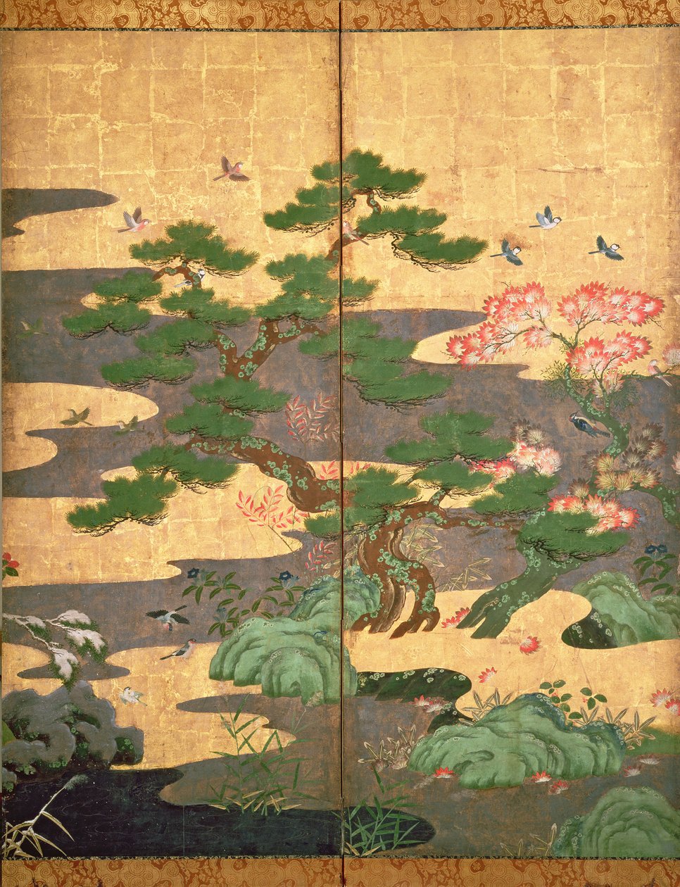 Fugler med høst- og vinterblomster (penn og blekk, farge og gullpapir på panel) (se 216542, 216544, 216545) av Japanese School