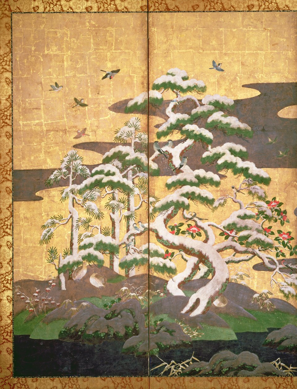 Fugler med høst- og vinterblomster (penn og blekk, farge og gullpapir på panel) (se 216543, 216544, 216545) av Japanese School