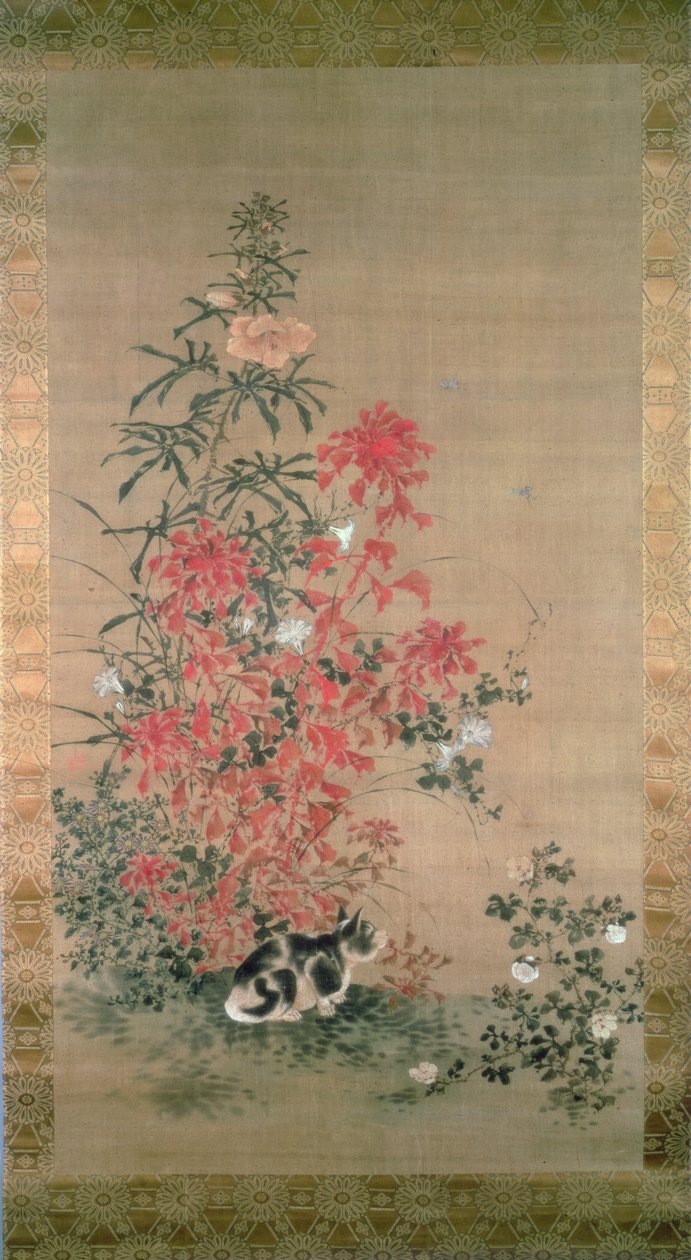 Katt blant blomster (blekk og farger på silke) av Japanese School