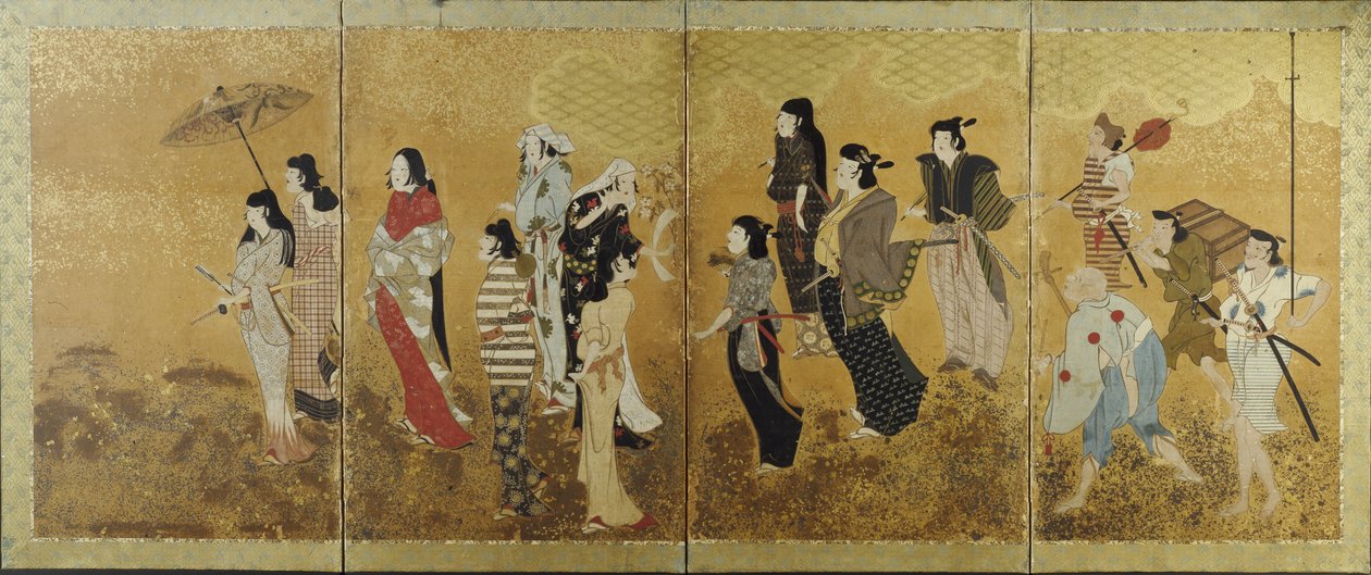 Cherry Blossom Viewing Picnic, ca. 1624-44 (firedelt skjerm, blekk, farge og bladgull på papir) av Japanese School