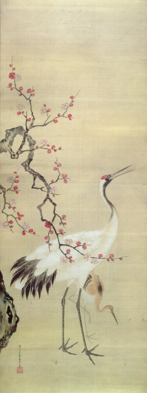 Crane and Blossom, ca. 1850-80 (blekk og farge på silke) av Japanese School