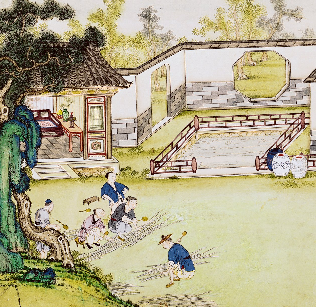 Samler bambus for å lage papir av Japanese School