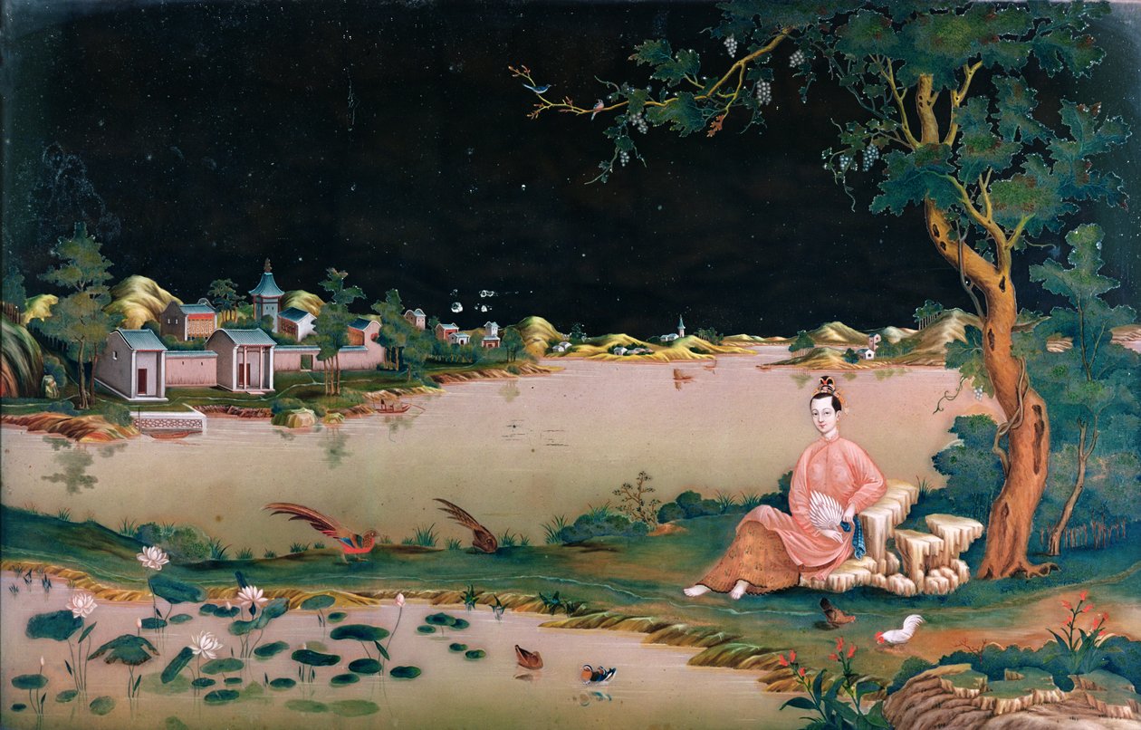 Japansk speilmaleri som viser en jente sittende, ca. 1800 av Japanese School