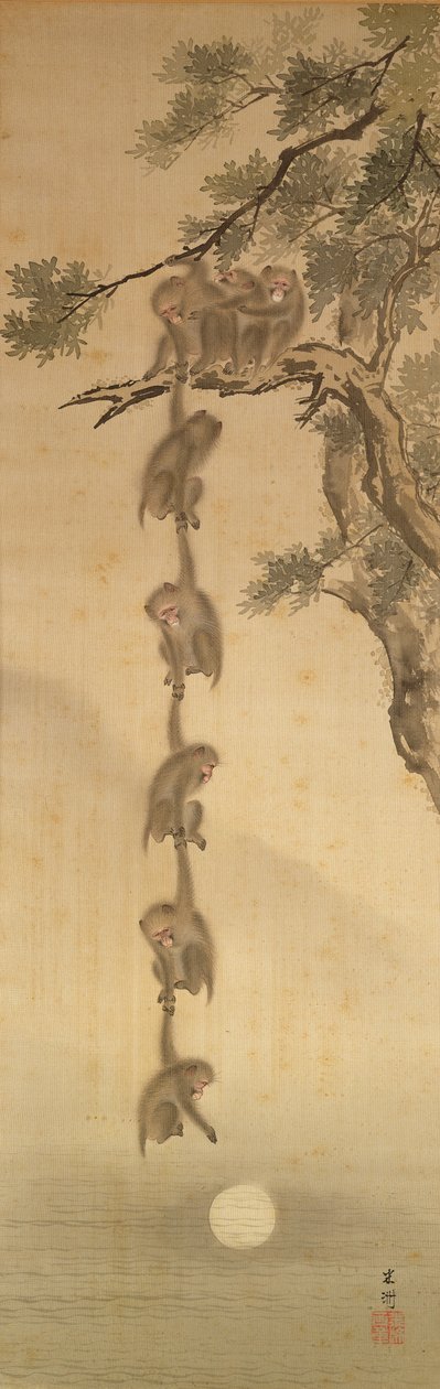 Aper som strekker seg etter månen, Edo-perioden (1603-1867) (blekk på papir) av Japanese School