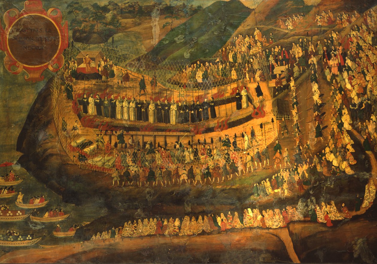 Ornamentert Namban-skjerm som viser jesuittmartyrium, 1622 av Japanese School