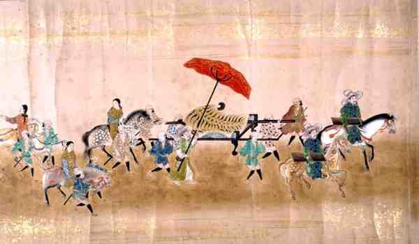 En del av den sjette koreanske ambassaden til Japan på tidspunktet for rekkefølgen i Tokugawa Ietsuna i 1651, muligens av Kano Masanobu (1625-94) 1655-57 (rullemaleri) (se også 120820) av Japanese School