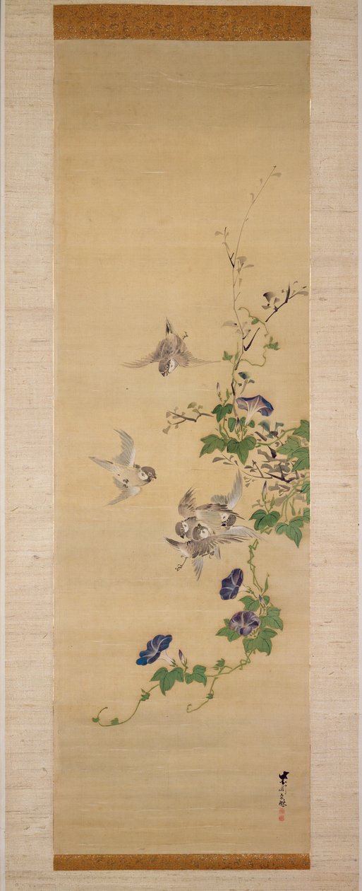 Sparrows og morning glory (blekk og farger på silke) av Japanese School
