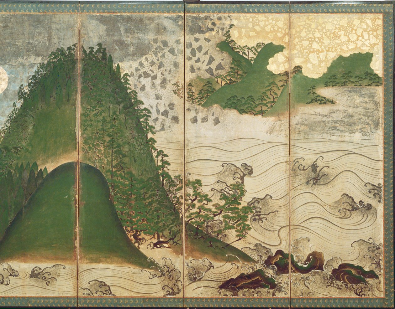 Vårlandskap med sol, del av en foldeskjerm med seks paneler (farge på papir) (se 216549) av Japanese School