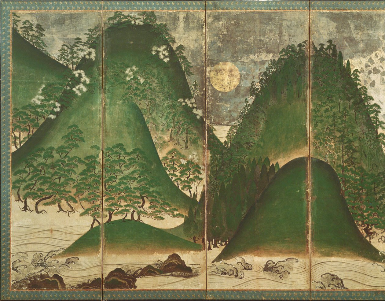 Vårlandskap med sol, del av en foldeskjerm med seks paneler (farge på papir) (se 216550) av Japanese School