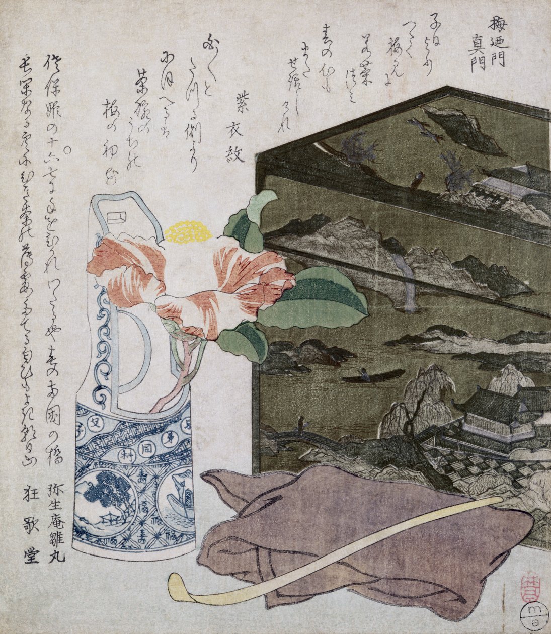 Stilleben med en kamelia, ca. 1820 (farget treblokktrykk) av Japanese School
