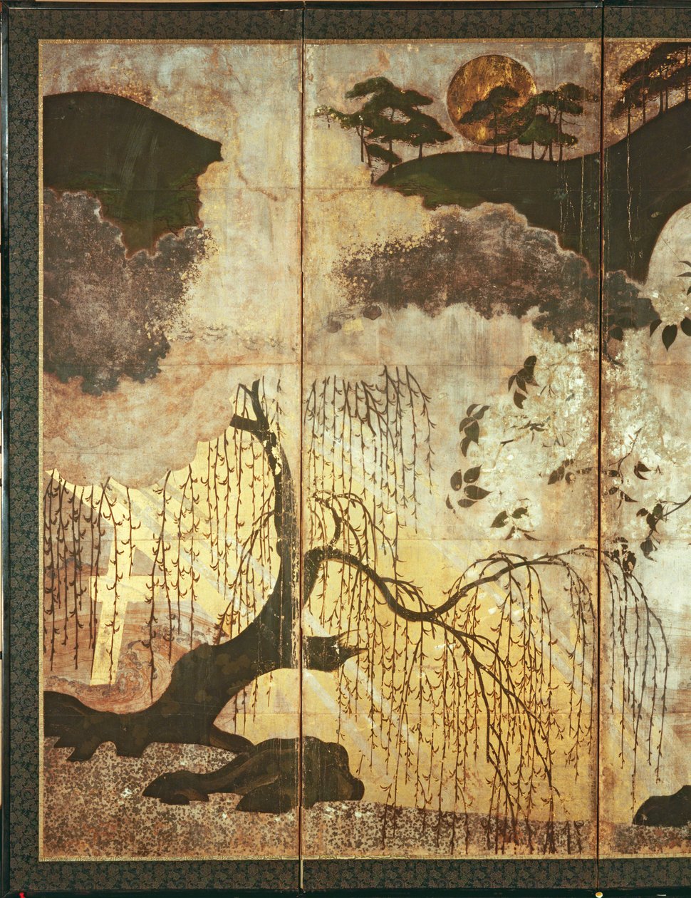 Sunny Landscape (penn og blekk, farge, gullpapir på panel) (se 216577, 216578) av Japanese School