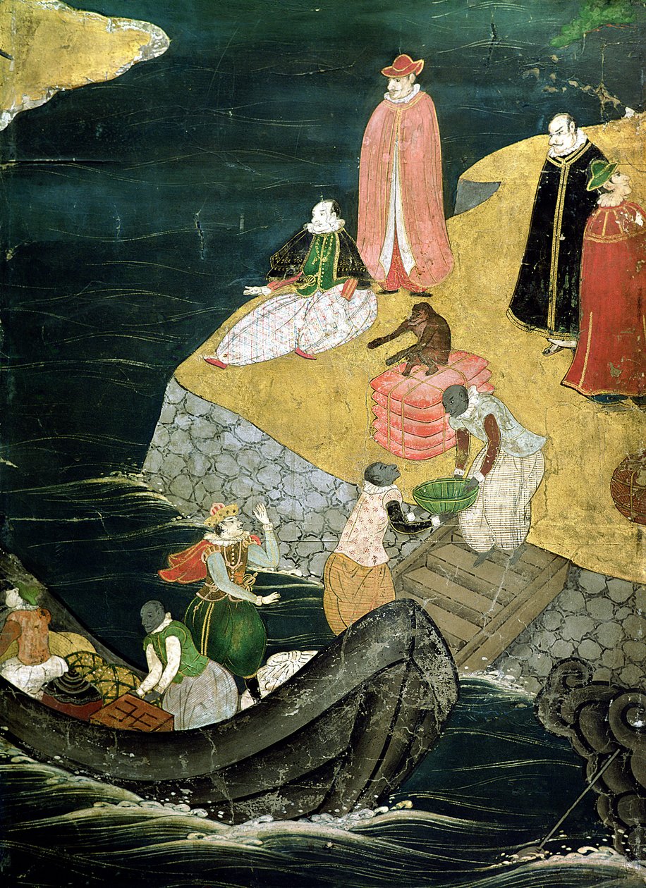 Portugisernes ankomst til Japan, detalj om lasting av last fra en Namban Byobu-skjerm, 1594-1618 av Japanese School