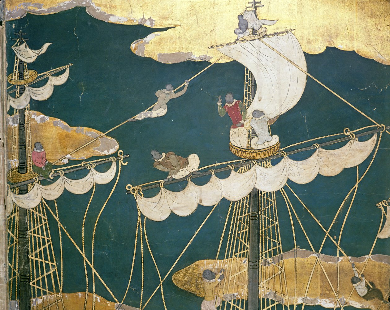 Portugisernes ankomst til Japan, detalj av skipsmast og kråkereir, fra en Namban Byobu-skjerm, 1594-1618 av Japanese School
