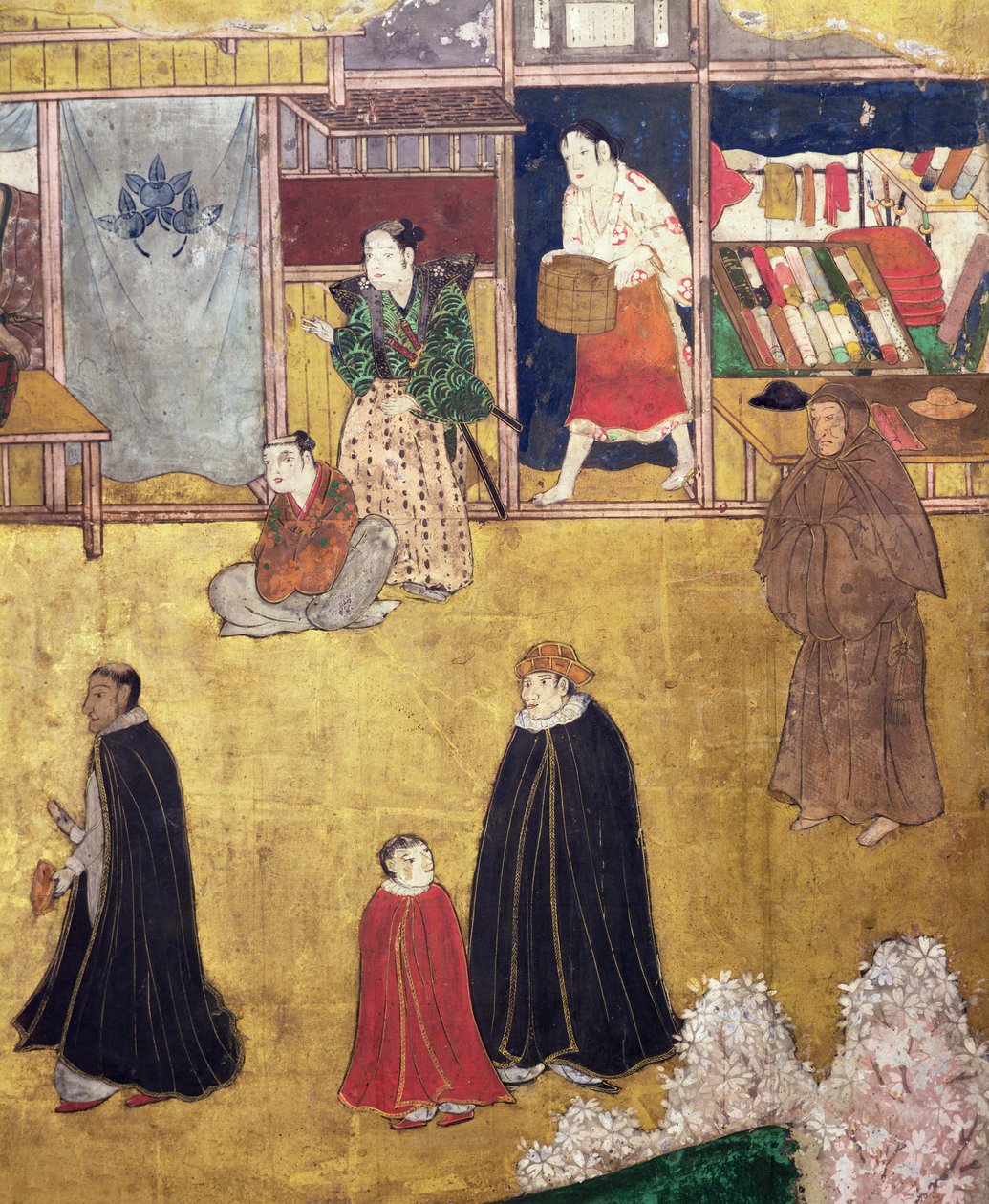 Portugisernes ankomst til Japan, detalj av butikker fra en Namban Byobu-skjerm, 1594-1618 av Japanese School