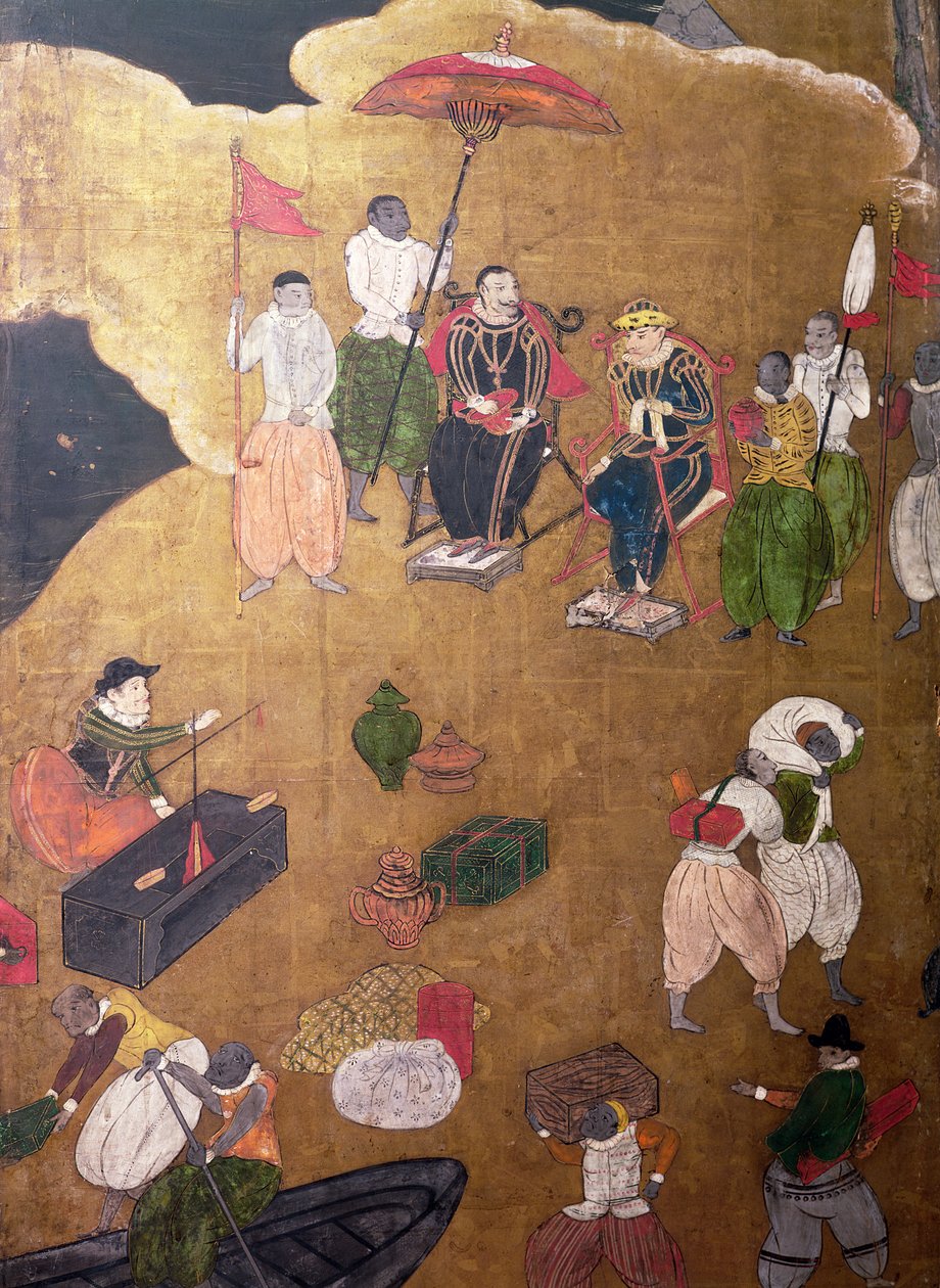 Portugisernes ankomst til Japan, detalj av portugiserne som kommanderte ilandstigningen, fra en Namban Byobu-skjerm, 1594-1618 av Japanese School