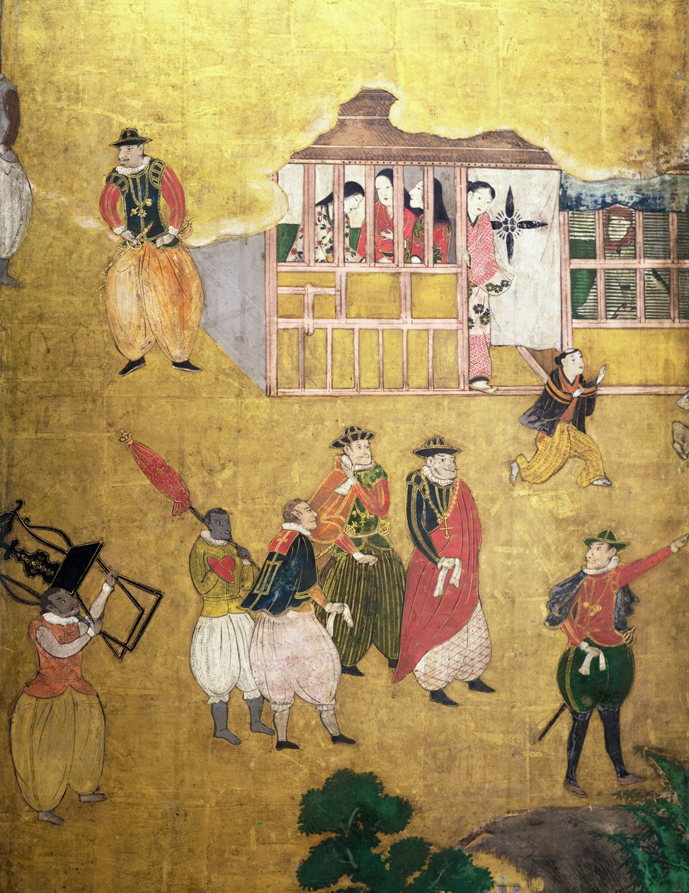 Portugisernes ankomst til Japan, detalj av portugiserne fra en Namban Byobu-skjerm, 1594-1618 av Japanese School