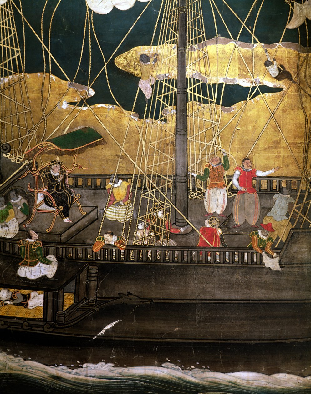 Portugisernes ankomst til Japan, detalj av det portugisiske skipet, fra en Namban Byobu-skjerm, 1594-1618 av Japanese School