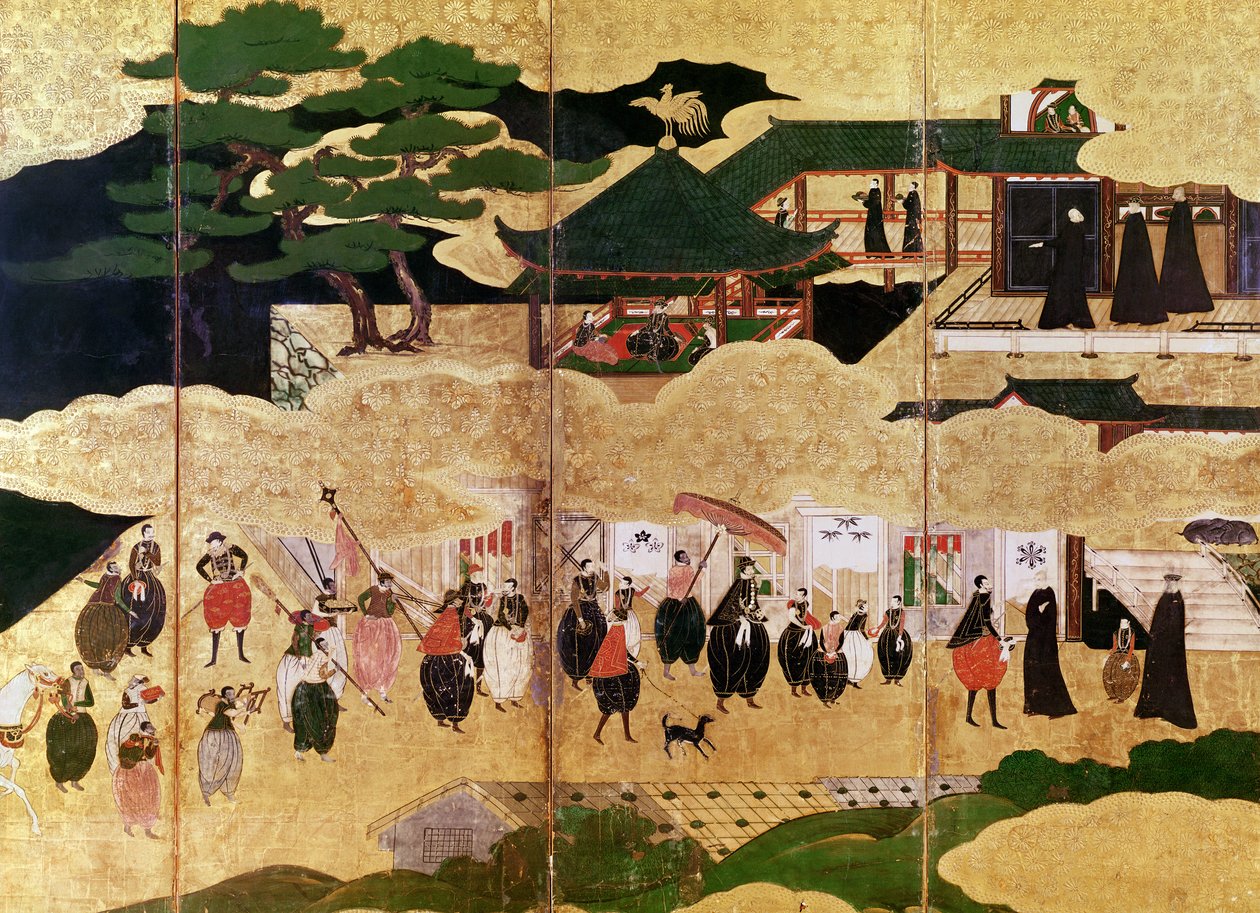 Portugisernes ankomst til Japan, detalj av den høyre delen av en sammenleggbar skjerm, Kano School (lakk) av Japanese School