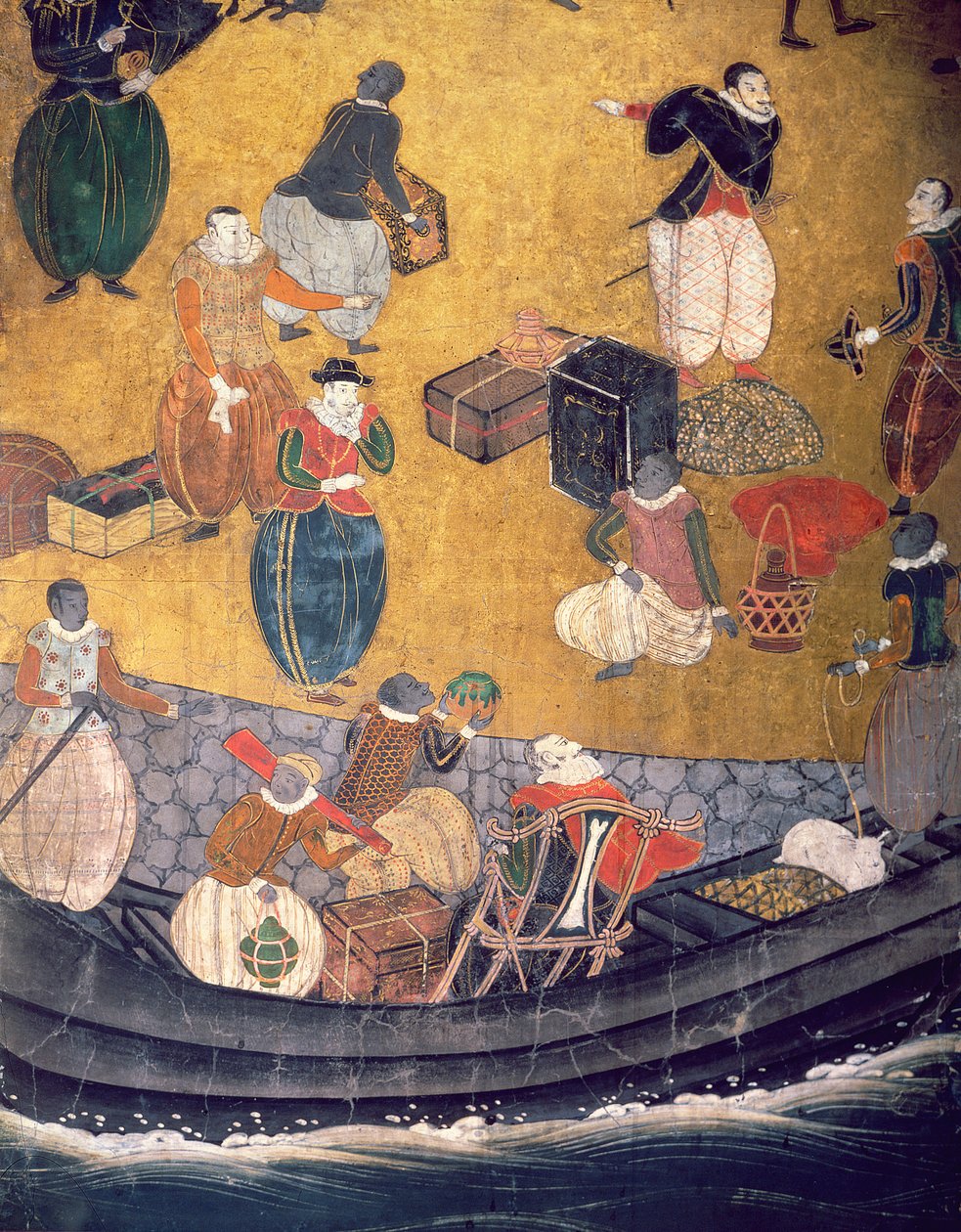 Portugisernes ankomst til Japan, detalj om lossing av varer, fra en Namban Byobu-skjerm, 1594-1618 av Japanese School