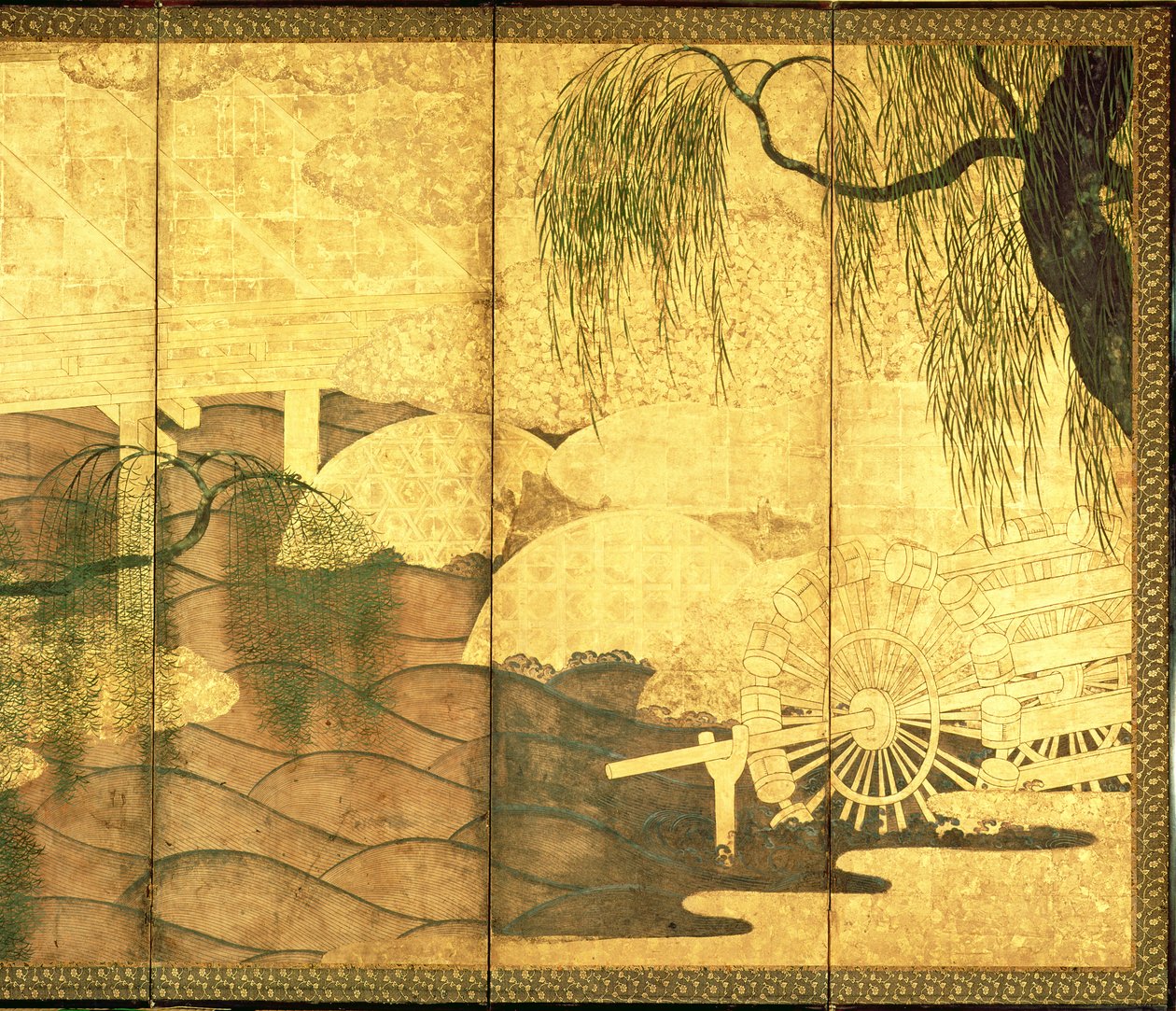 Broen over Liji-elven (penn og blekk, farge og gullpapir på panel) (se 216569) av Japanese School