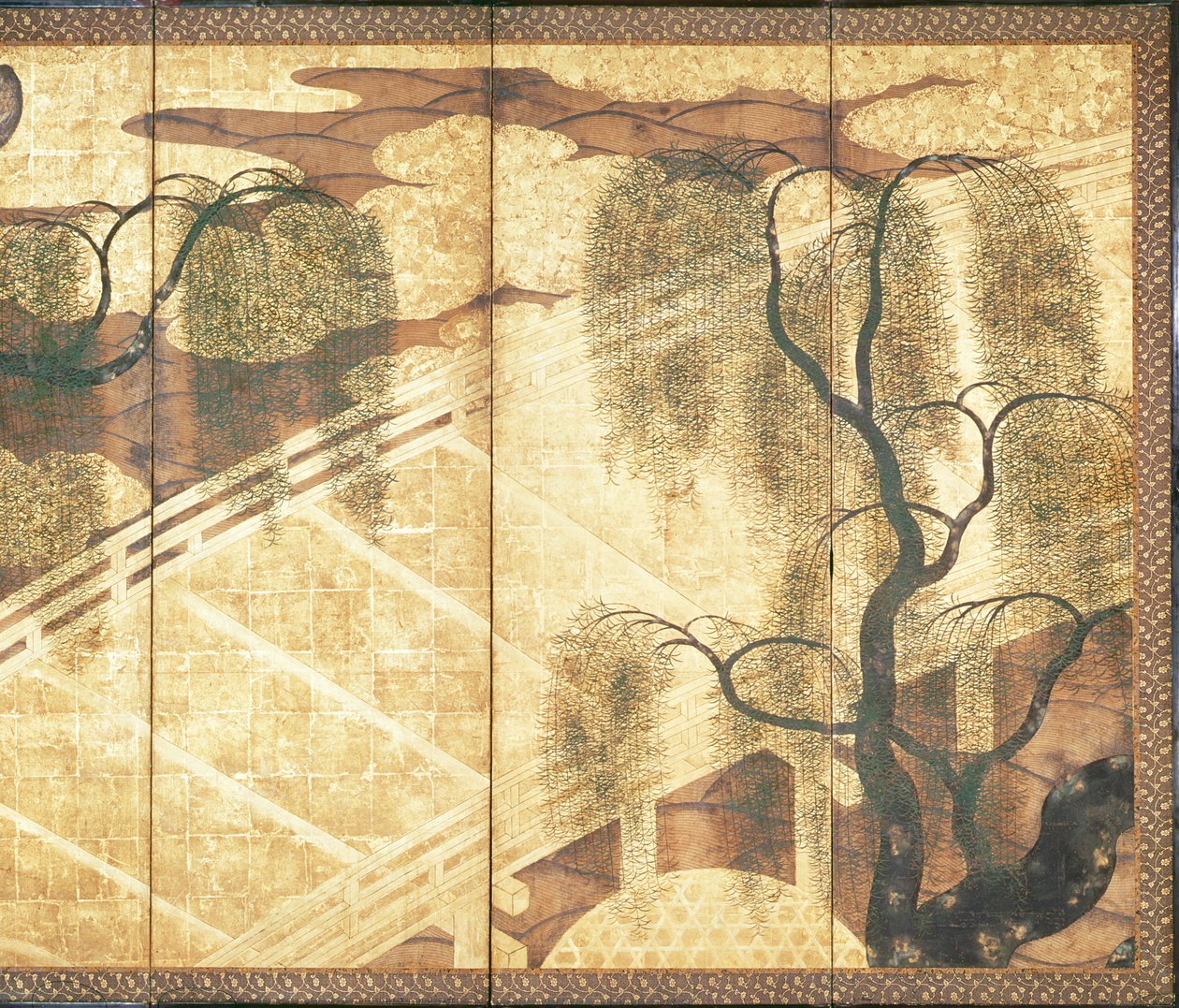 Broen på Liji-elven (penn og blekk, farge og gullpapir på panel) (se 216571) av Japanese School