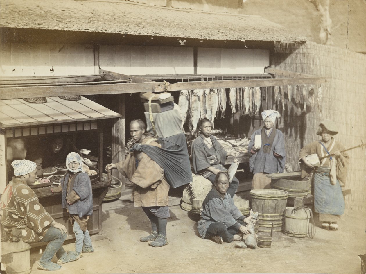 Markedsplass i Japan (håndfarget s/hv-bilde) av Japanese Photographer