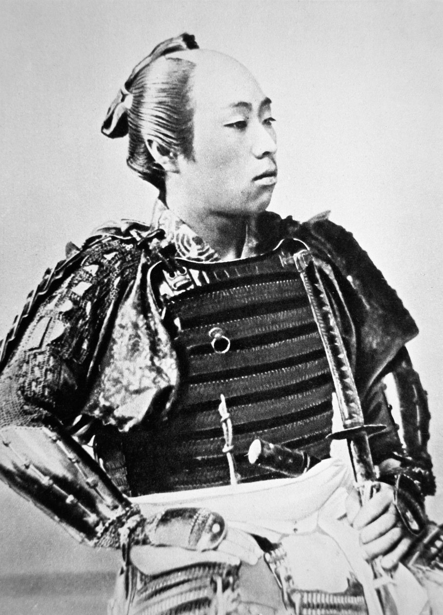 Samurai fra det gamle Japan med tradisjonell frisyre (s/hv-bilde) av Japanese Photographer