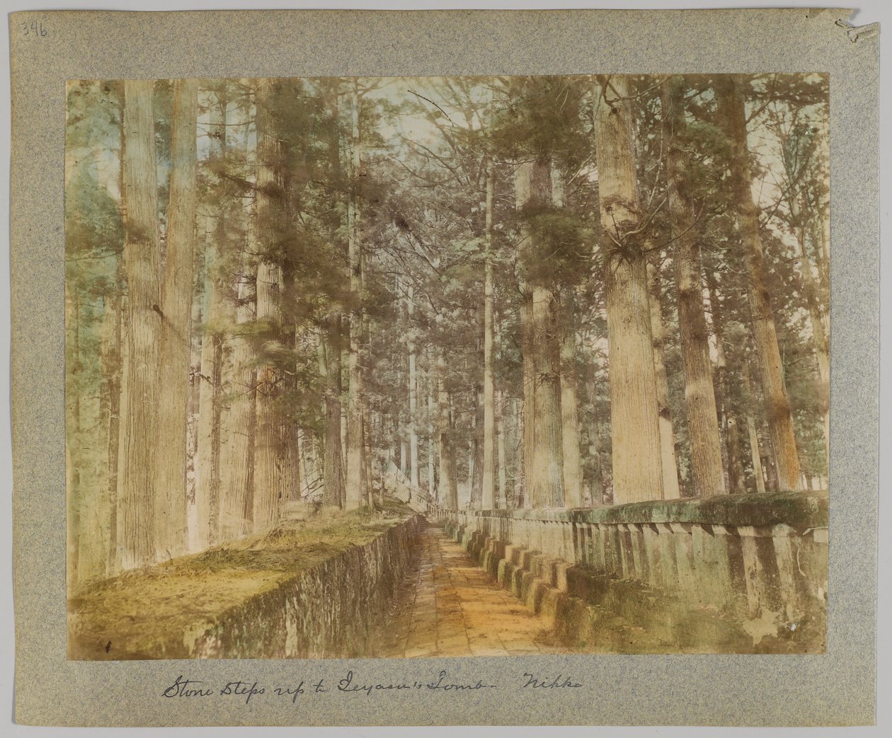 Steintrapper opp til Ieyasus grav, Nikko, Japan (håndfarget svart/hvitt-bilde) av Japanese Photographer