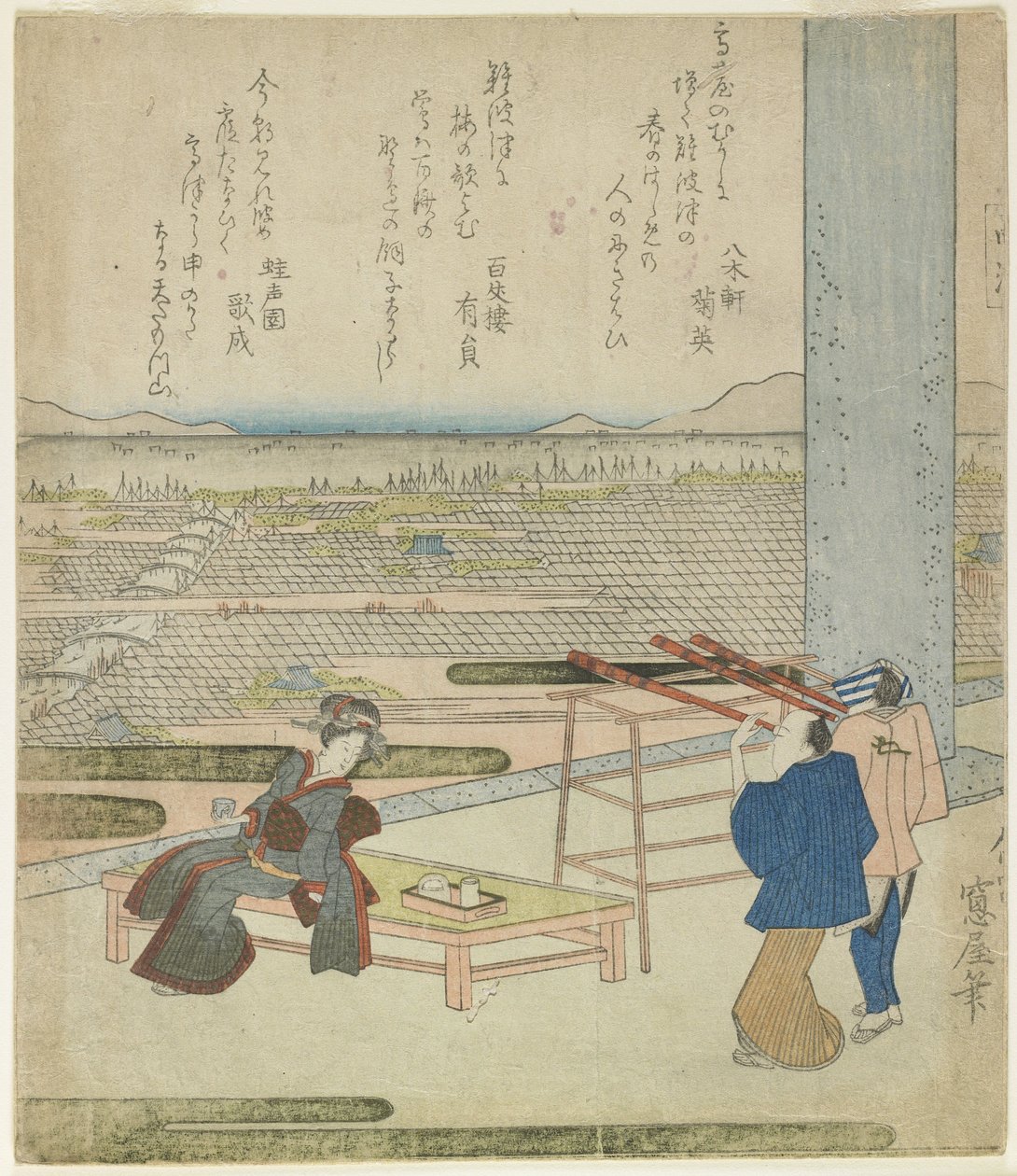 (Kvinne og to menn nyter utsikten fra en bygning på en høyde), 1820-tallet (treblokktrykk i farger) av Japanese School