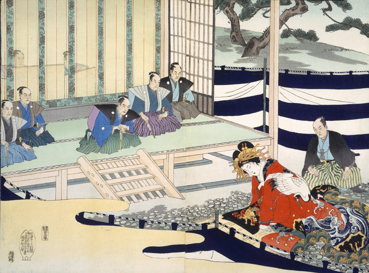 En mann forhører en kvinne, fra et album med tresnitt fra 1800-tallet (farget treblokktrykk) av Japanese School