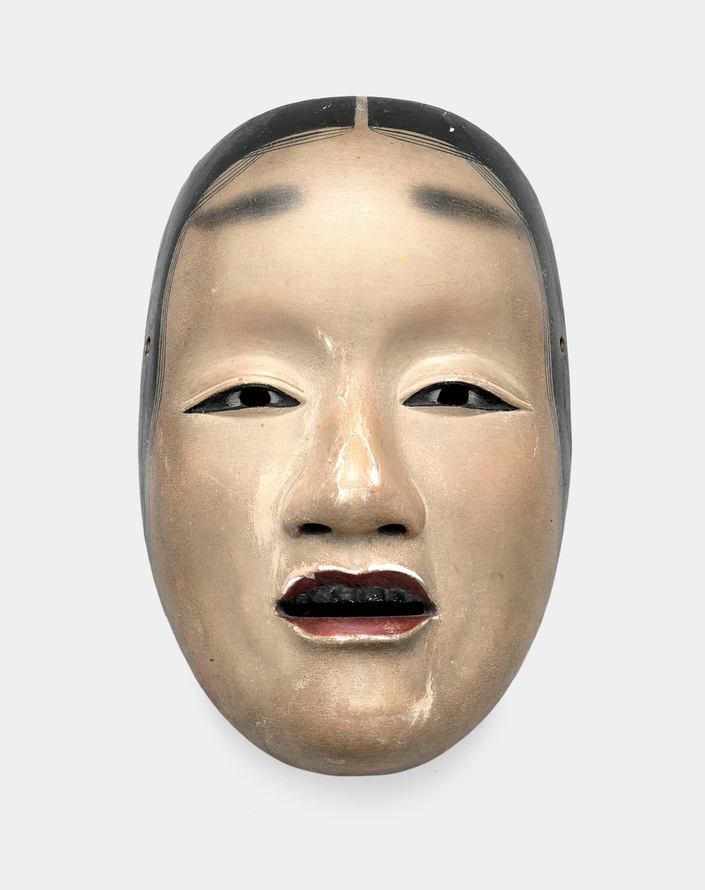 En tremaske med gofun-grunn, malt med sumi for håret, øynene og tennene og rødt for leppene av Japanese School