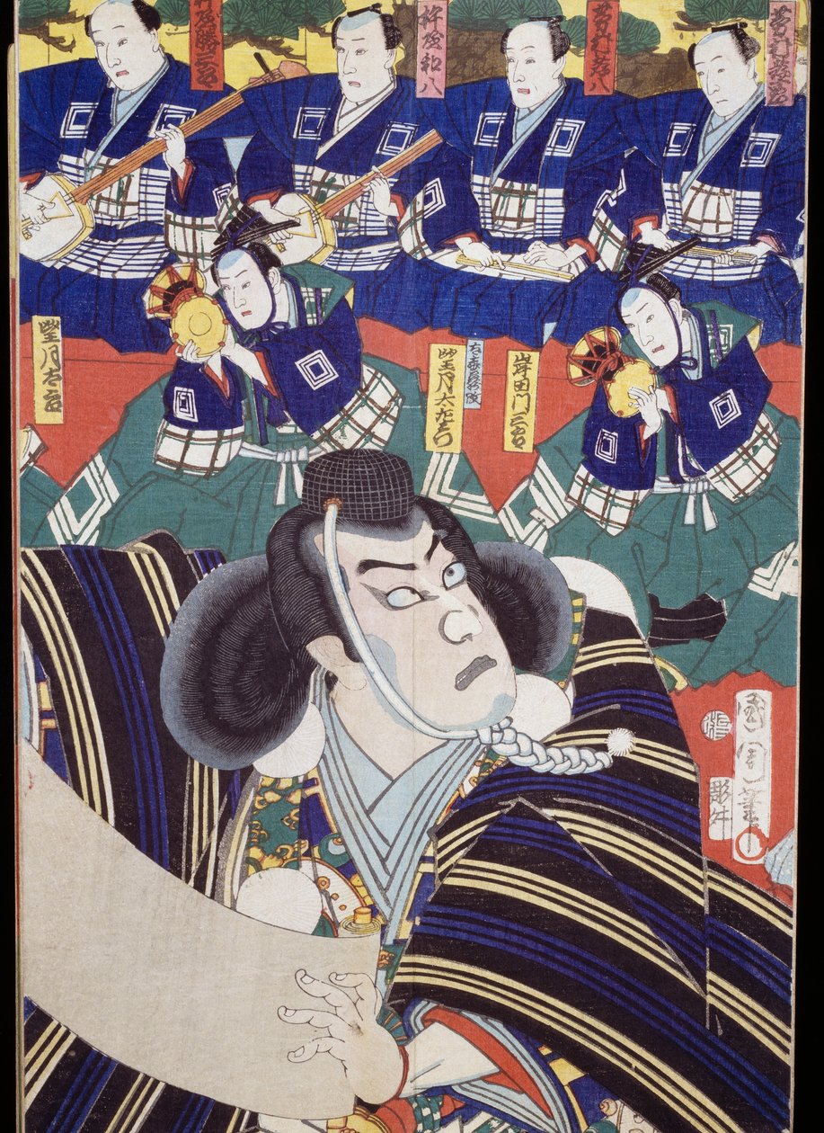 Skuespillere, fortellere og shamisen-spillere, Kabuki teaterscene av Japanese School