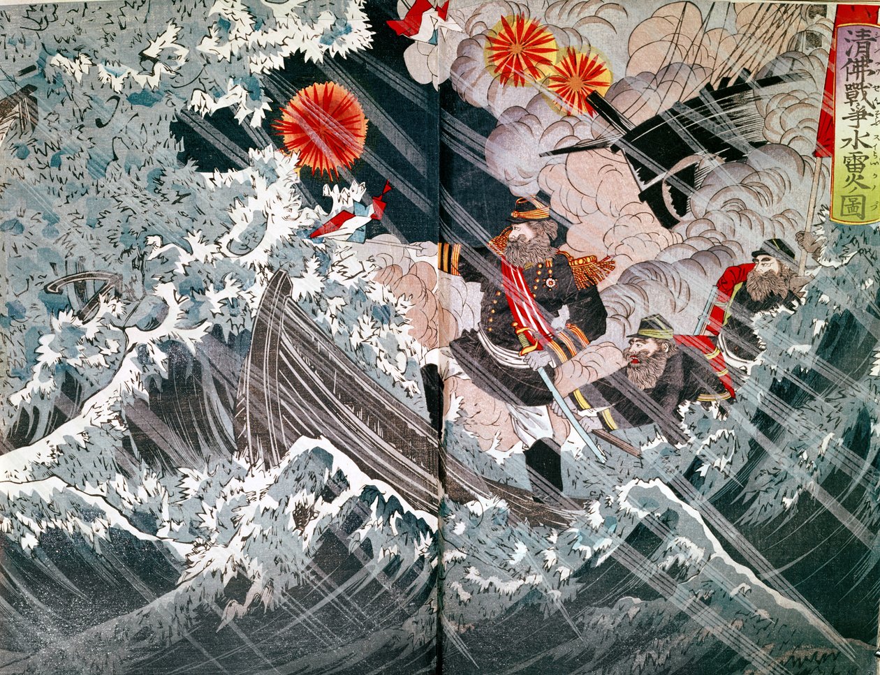 Admiral Amedee Anatole Courbet (1827-85) ved fangsten av Fou-Tcheou i 1884 under Tonkin-krigen 1883-85 (farget treblokktrykk) av Japanese School