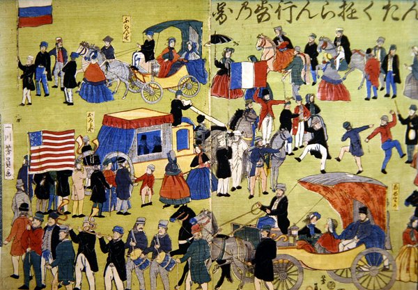 Amerikanske, nederlandske og franske besøkende ankommer Yokohama i Japan, ca. 1860 (fargetresnitt) av Japanese School
