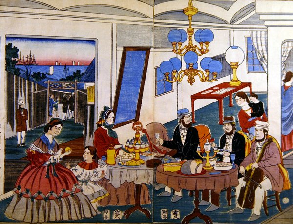 Amerikansk eller europeisk familie i Japan, ca. 1860 (fargetresnitt) av Japanese School
