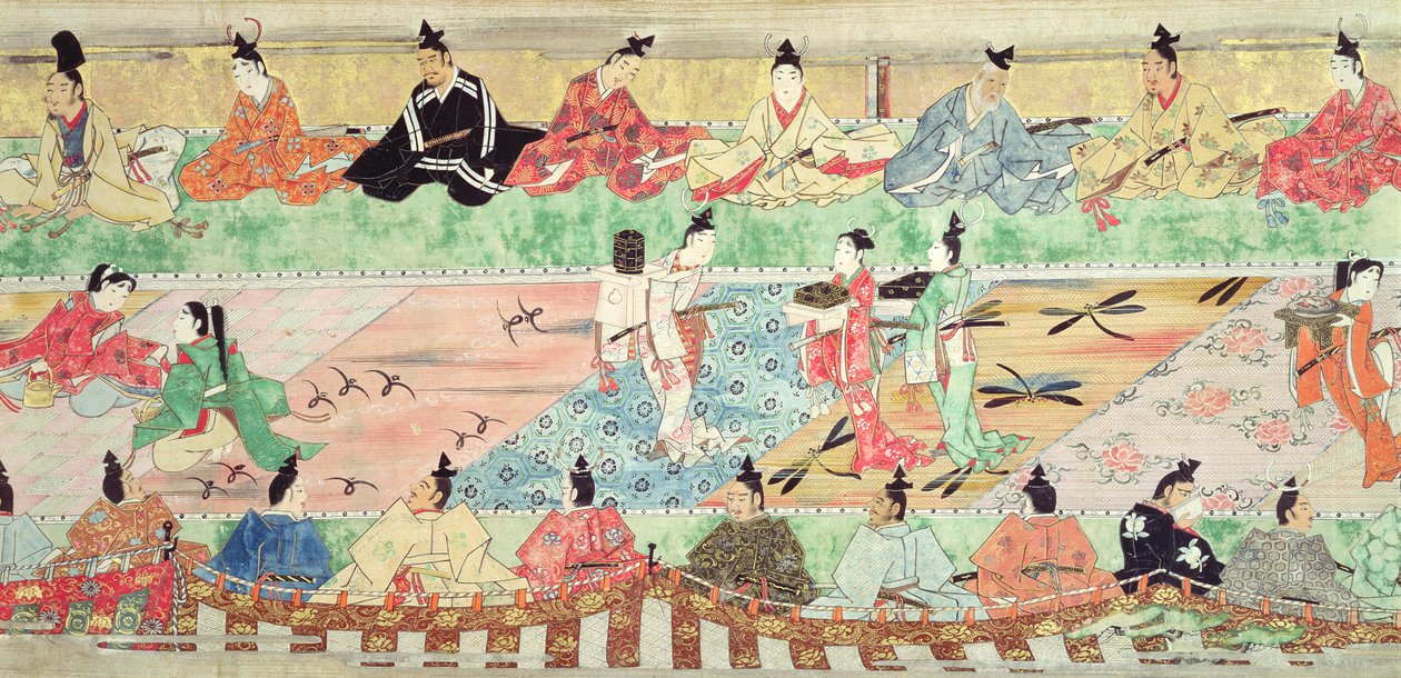 Bankettscene fra en malt håndrull av Tale of Muramatsu, tidlig på 1600-tallet (penn og blekk, wc, gouache, sølv og gull på papir) av Japanese School