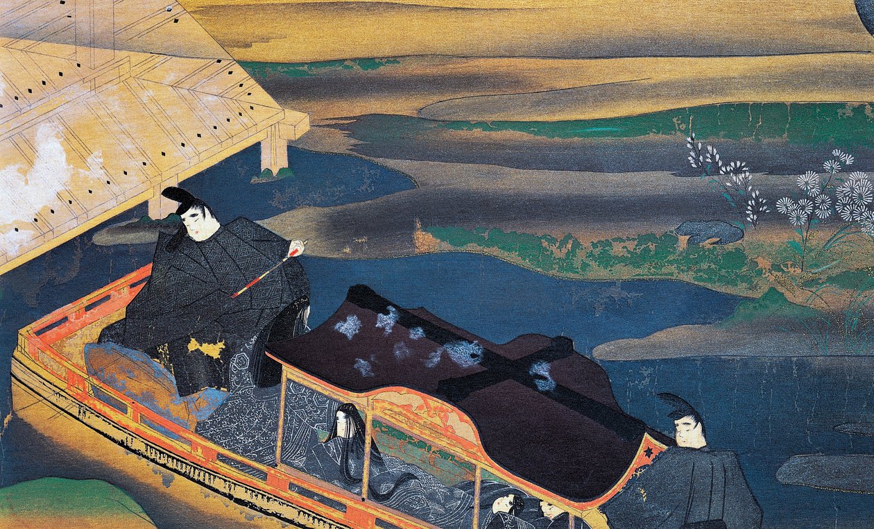 Båt i måneskinnet, av Fujiwara Nobuzane (1176-1265), illustrasjon fra Dagboken til Murasaki Shikibu, japansk sivilisasjon av Japanese School