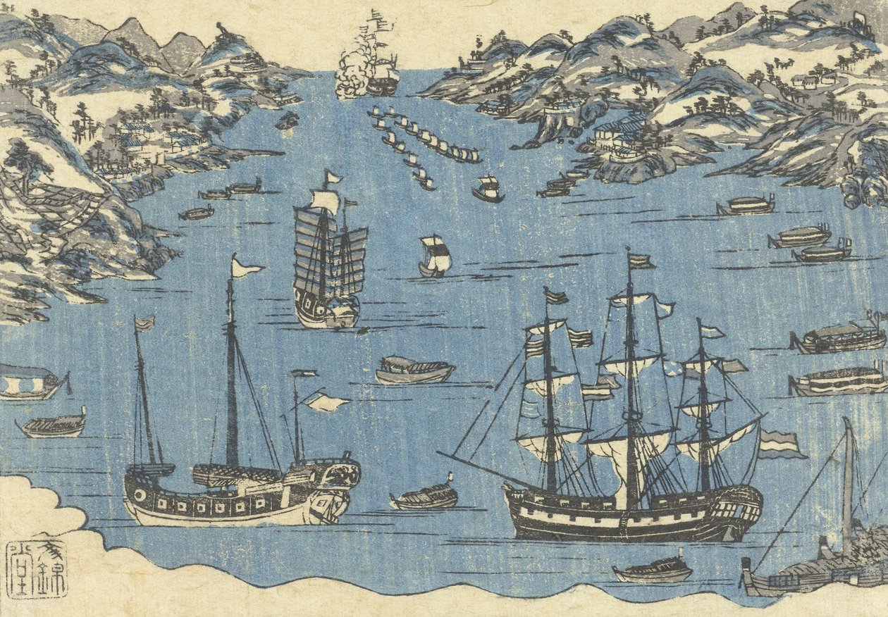 Bunkindo-trykk av utenlandske skip i havnen i Nagasaki, 1800-50 av Japanese School