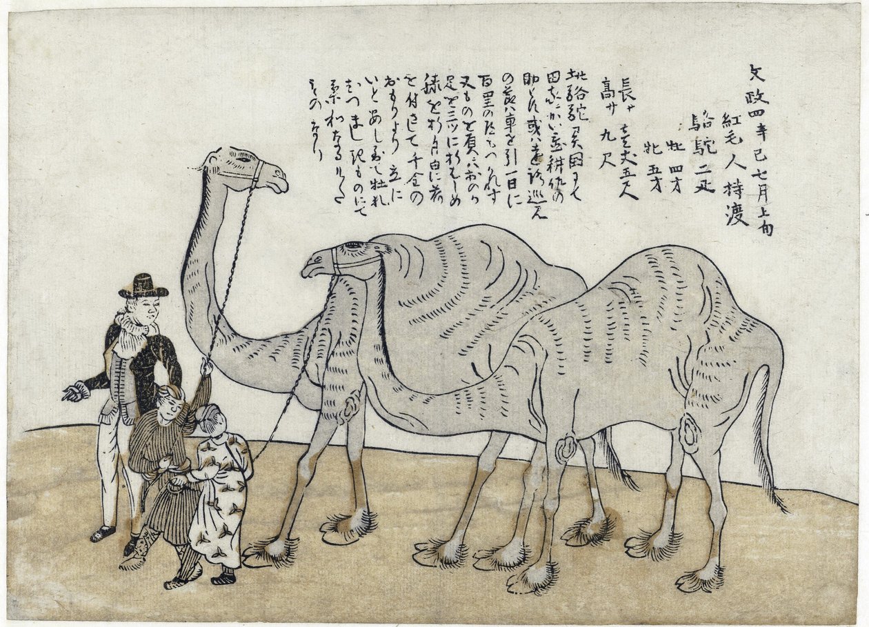 Kamel med handlere, pub. 1821 (farget tresnitt) av Japanese School
